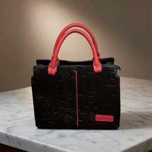 Tetiana's Choice Black Embossed Letter Leather Tote Bag with Red Accents